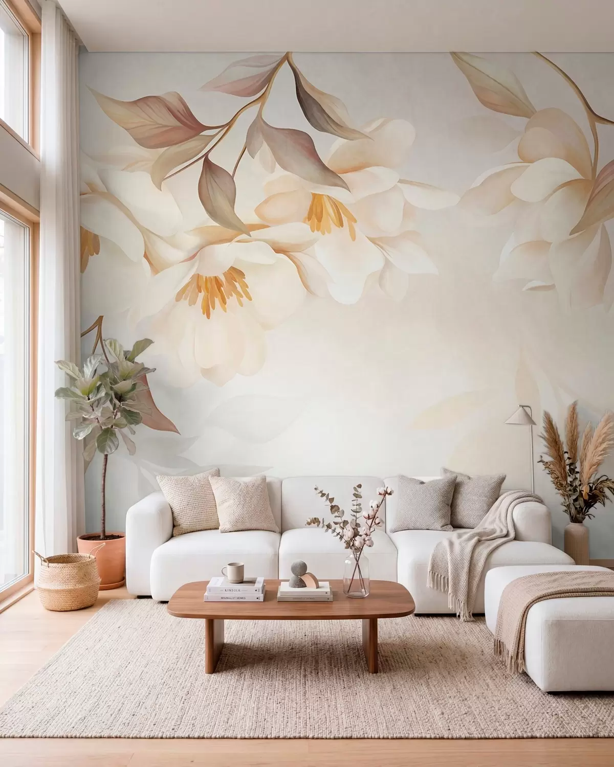 zidne murale Cvjetovi magnolije s nježnim smeđim listovima koji vise s grana w10086