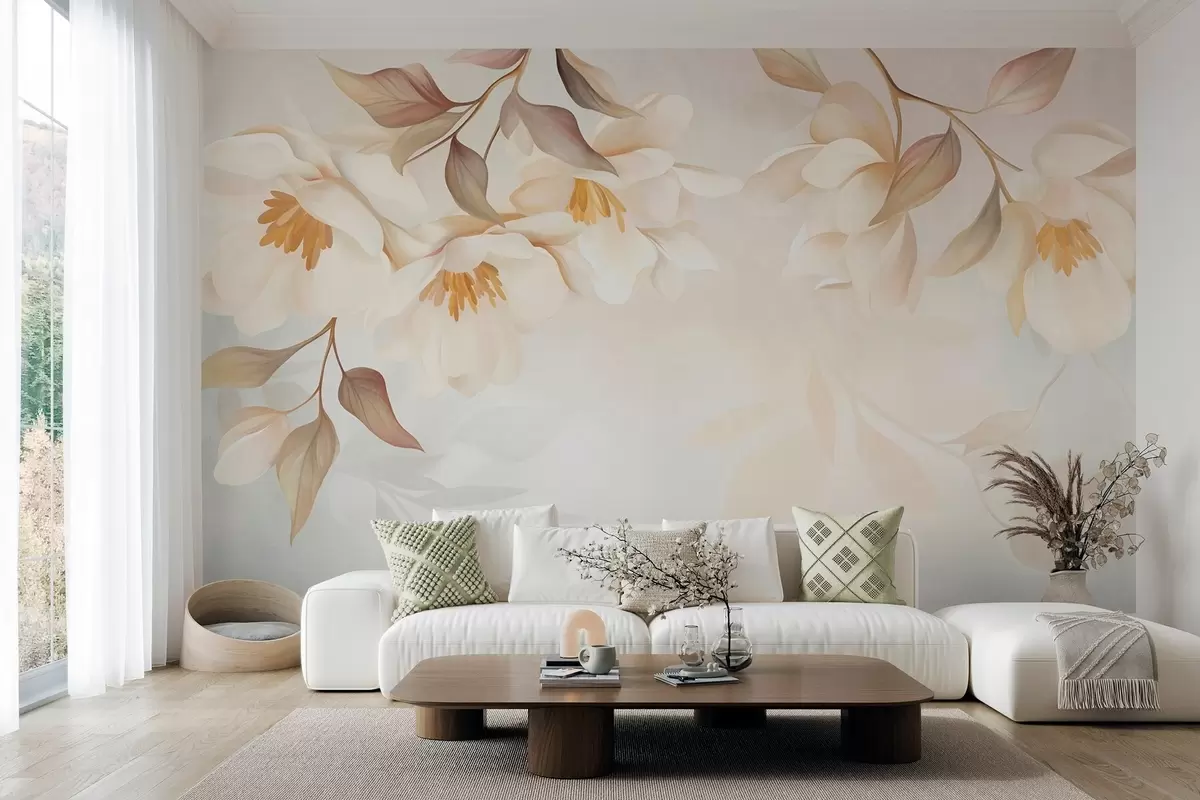 zidne murale Cvjetovi magnolije s nježnim smeđim listovima koji vise s grana w10086