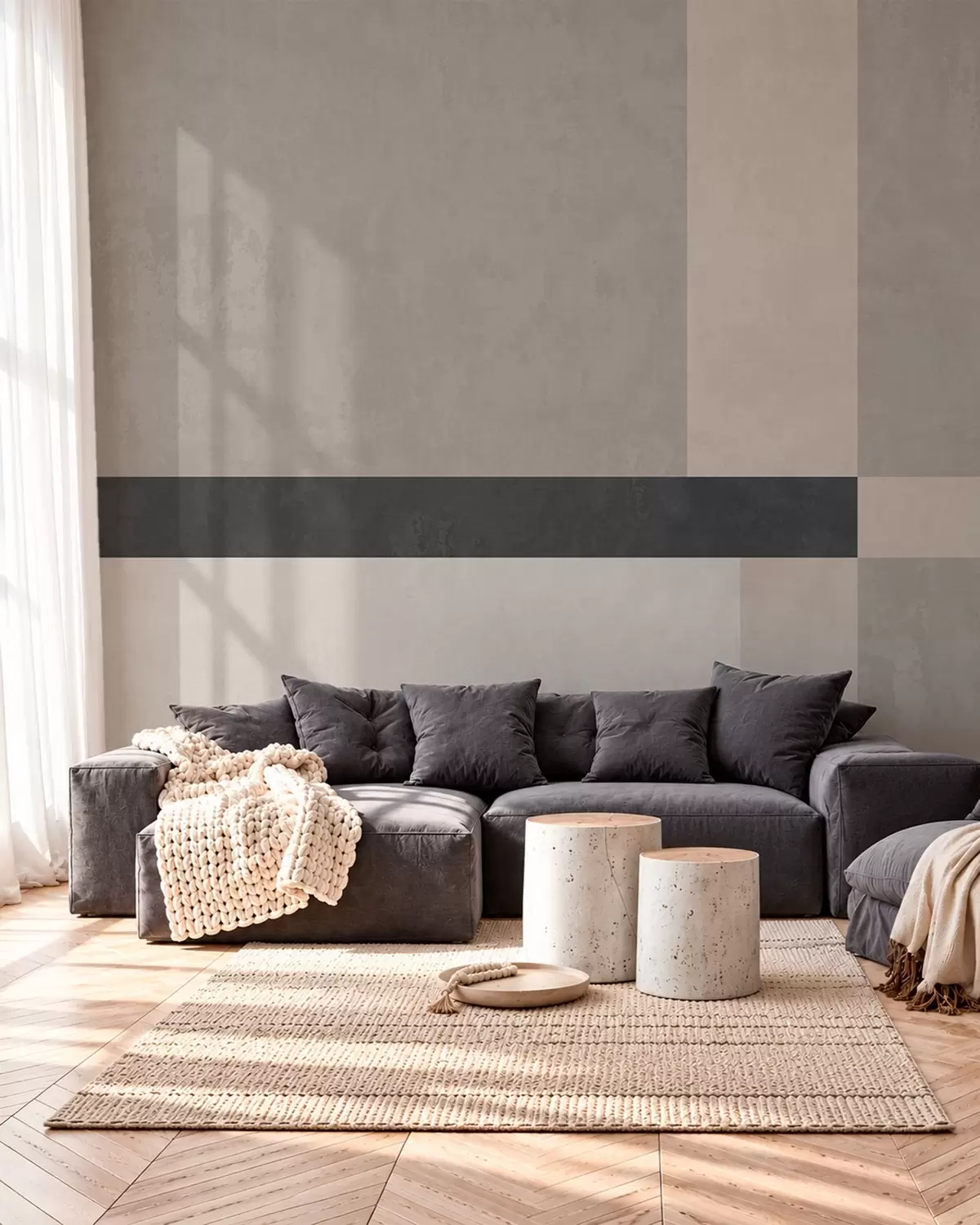 zidne murale Apstraktna geometrija s bež i sivim blokovima i tamnom prugom w05891