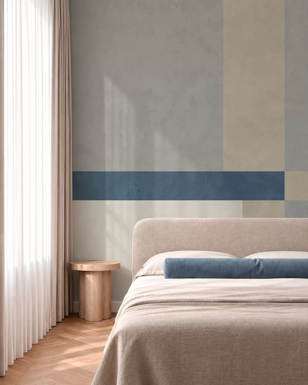 zidne murale Geometrijski blokovi u sivim i bež tonovima s plavom prugom w05891v1