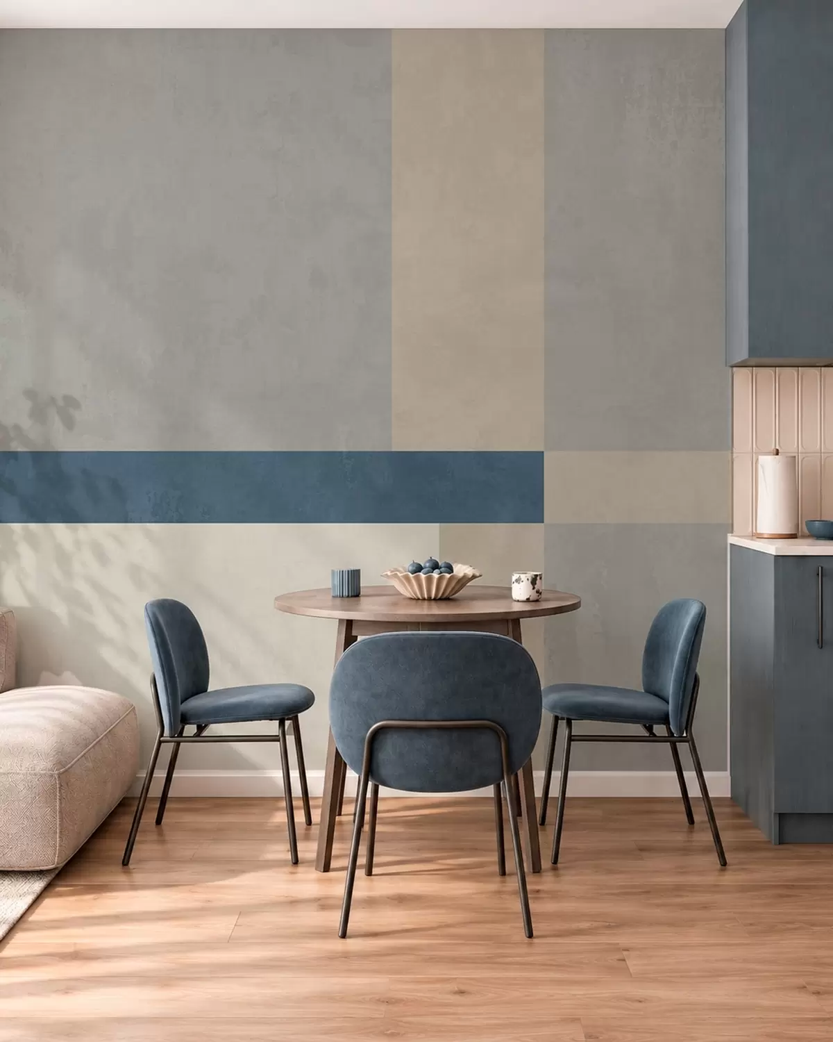 zidne murale Geometrijski blokovi u sivim i bež tonovima s plavom prugom w05891v1