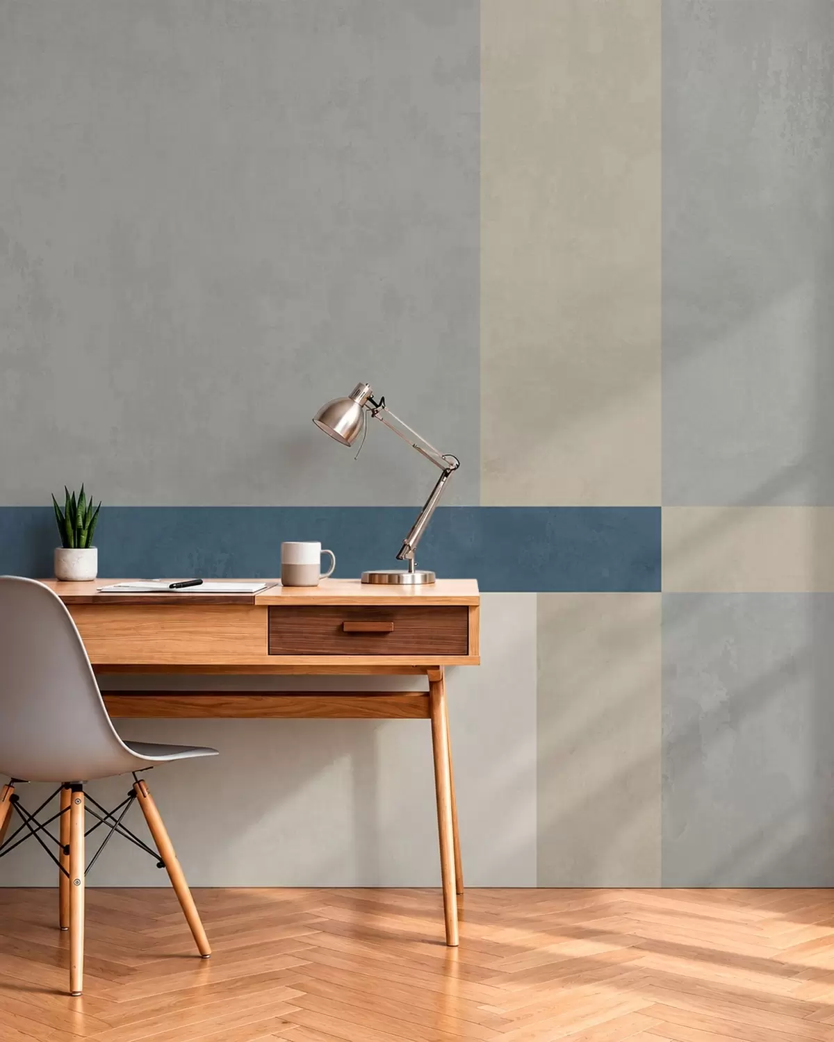 zidne murale Geometrijski blokovi u sivim i bež tonovima s plavom prugom w05891v1