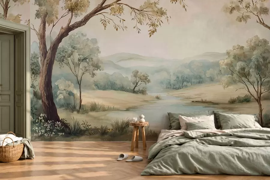 zidne murale Nježan krajolik s drvećem, jezerom i udaljenim brdima w05957