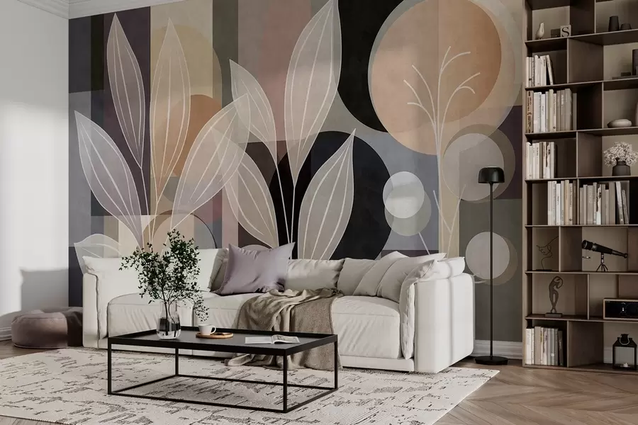 zidne murale stilizirano lišće na geometrijskoj pozadini u nijansama bež i tamnih boja w05987