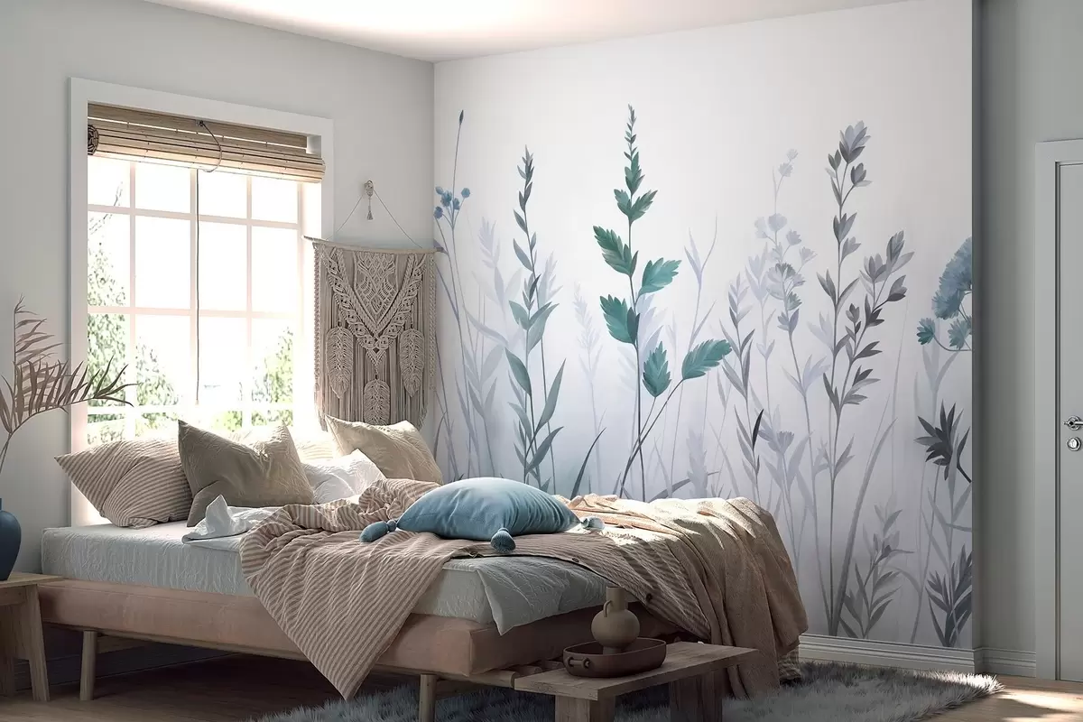zidne murale Visoke divlje trave i divlje cvijeće u prigušenim plavim tonovima, minimalistička estetika w10084v2