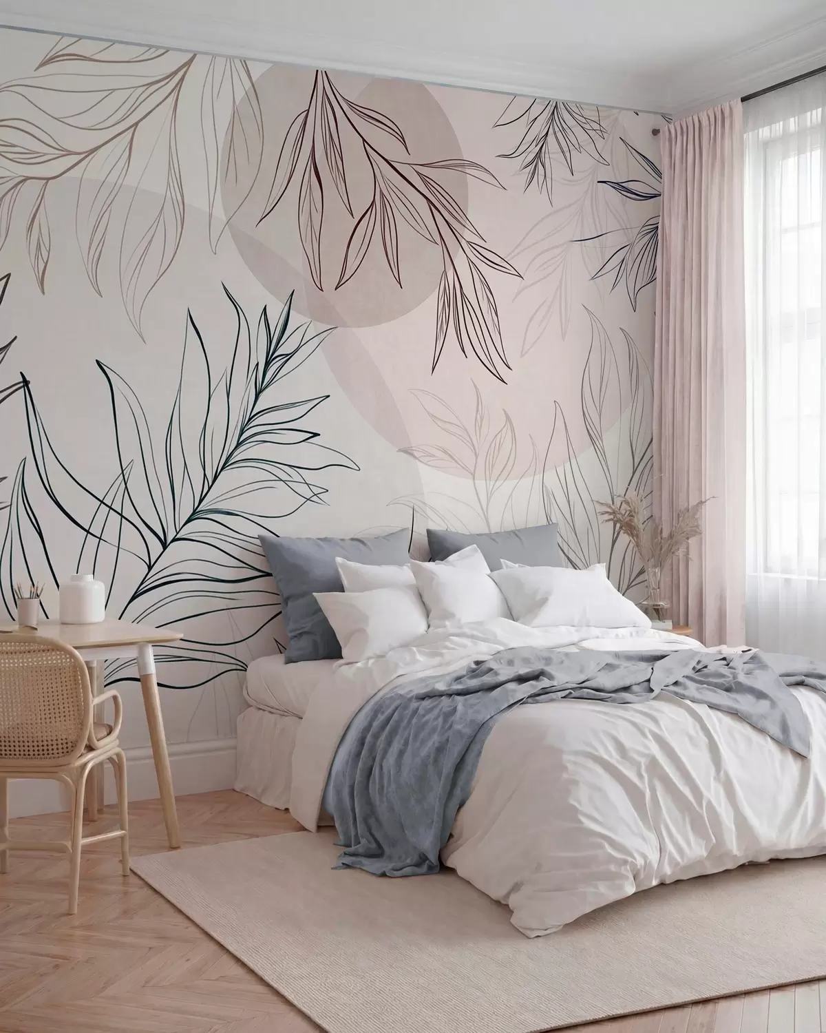 zidne murale Minimalistička linijska umjetnost tropskog lišća i raslinja, pastelni kružni oblici w10111