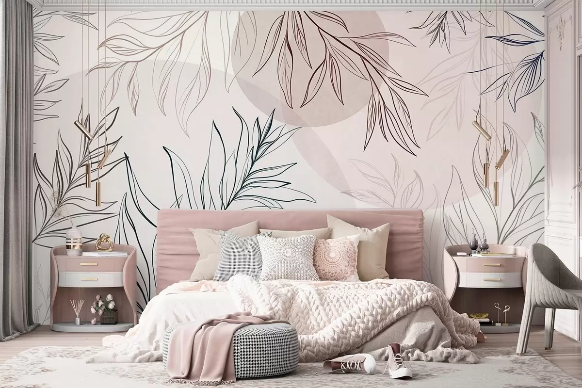 zidne murale Minimalistička linijska umjetnost tropskog lišća i raslinja, pastelni kružni oblici w10111