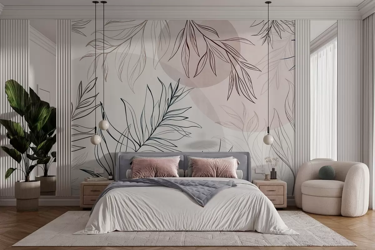 zidne murale Minimalistička linijska umjetnost tropskog lišća i raslinja, pastelni kružni oblici w10111