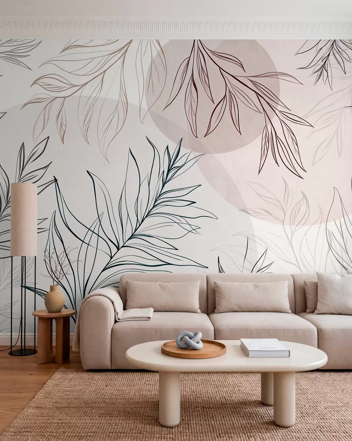 zidne murale Minimalistička linijska umjetnost tropskog lišća i raslinja, pastelni kružni oblici w10111
