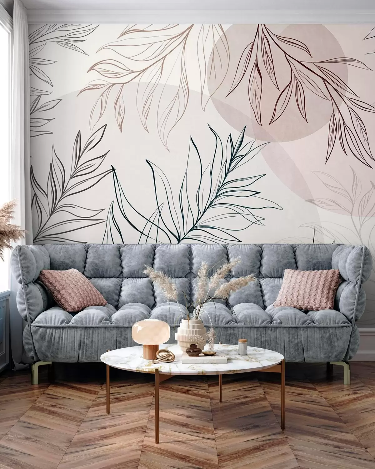 zidne murale Minimalistička linijska umjetnost tropskog lišća i raslinja, pastelni kružni oblici w10111