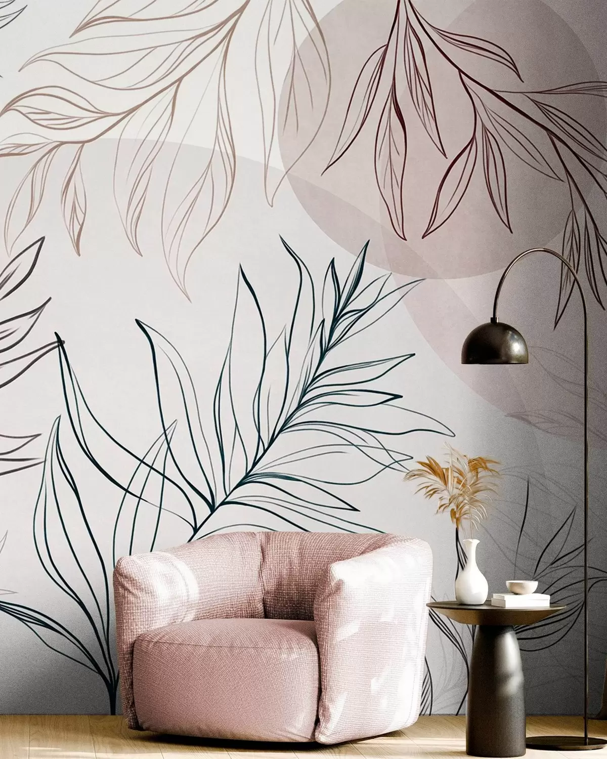 zidne murale Minimalistička linijska umjetnost tropskog lišća i raslinja, pastelni kružni oblici w10111