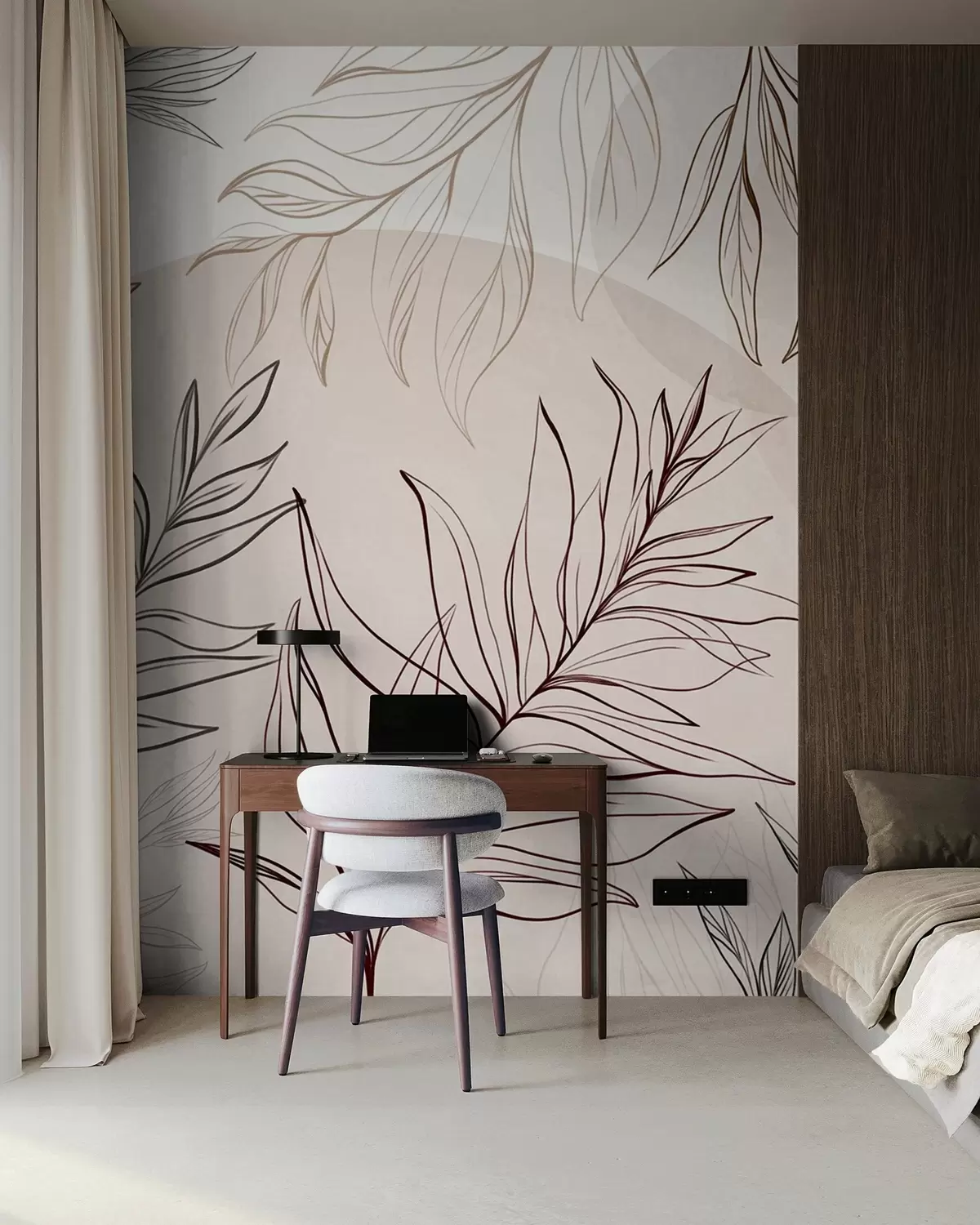 zidne murale Minimalistička linijska umjetnost tropskog lišća i raslinja, pastelni kružni oblici w10111v1