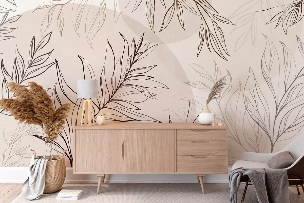 zidne murale Minimalistička linijska umjetnost tropskog lišća i raslinja, pastelni kružni oblici w10111v1