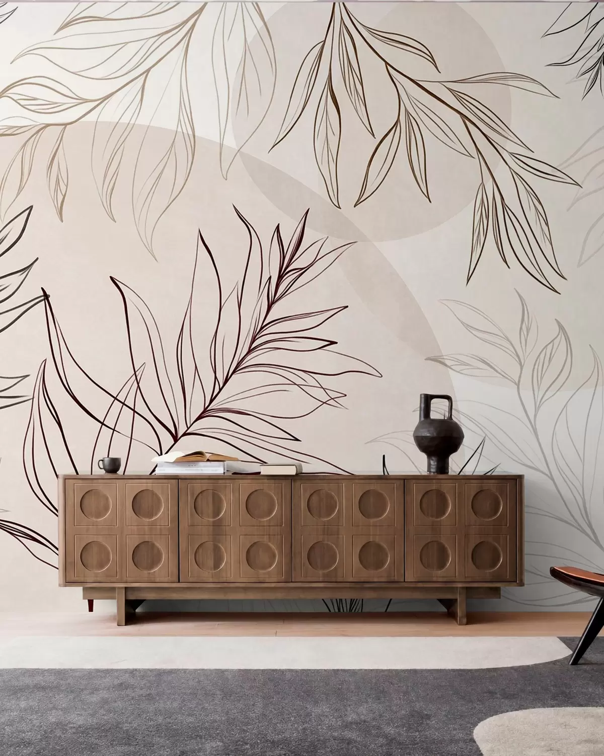 zidne murale Minimalistička linijska umjetnost tropskog lišća i raslinja, pastelni kružni oblici w10111v1