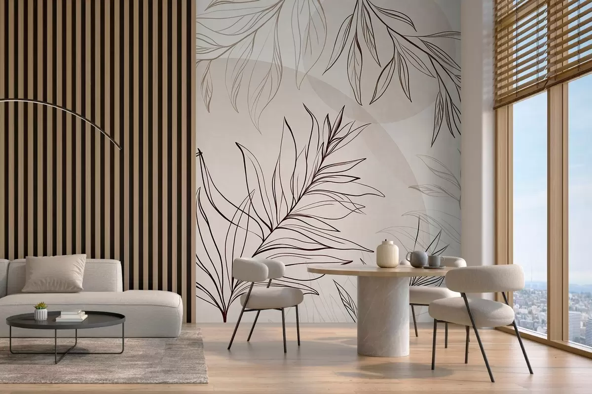 zidne murale Minimalistička linijska umjetnost tropskog lišća i raslinja, pastelni kružni oblici w10111v1