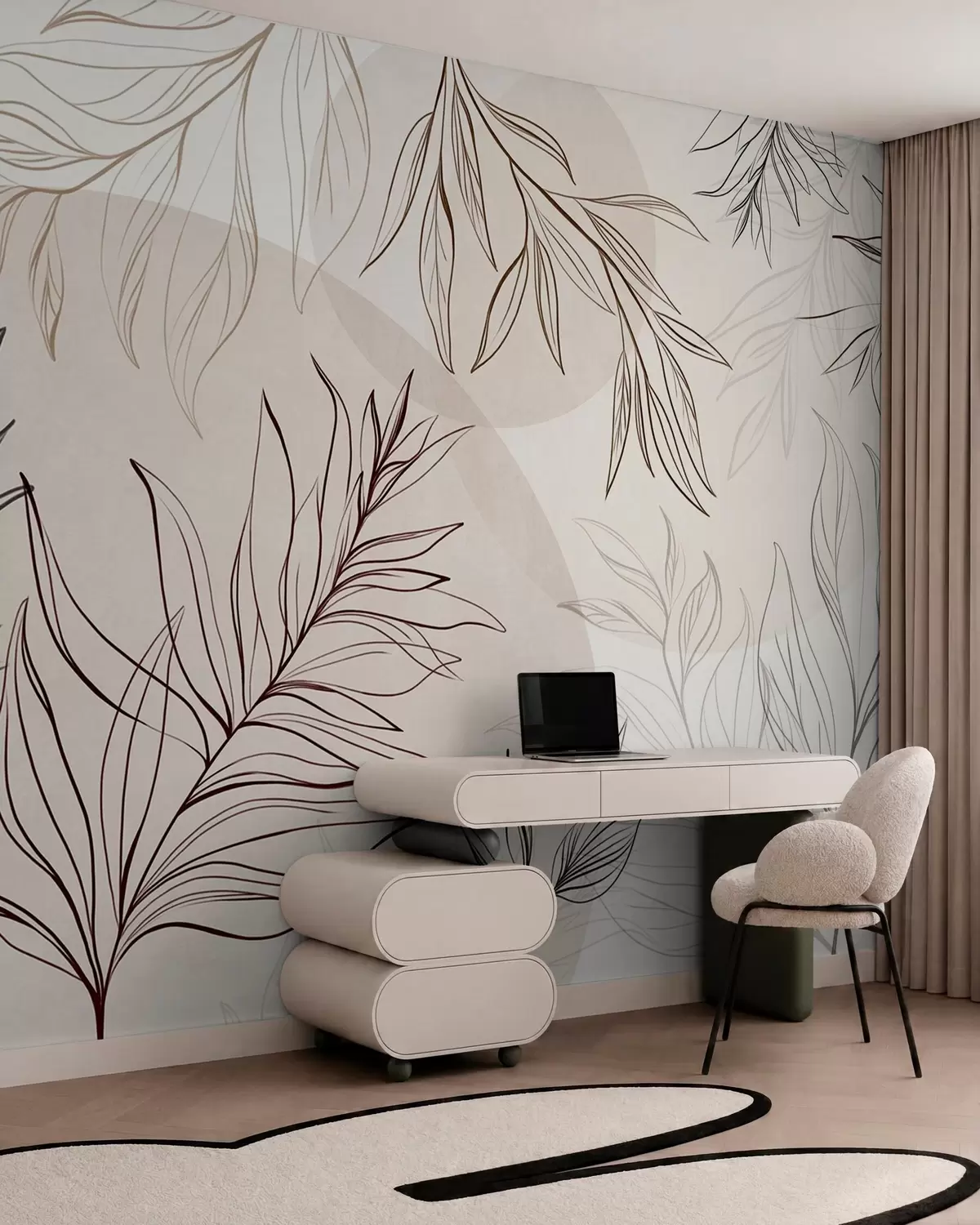 zidne murale Minimalistička linijska umjetnost tropskog lišća i raslinja, pastelni kružni oblici w10111v1