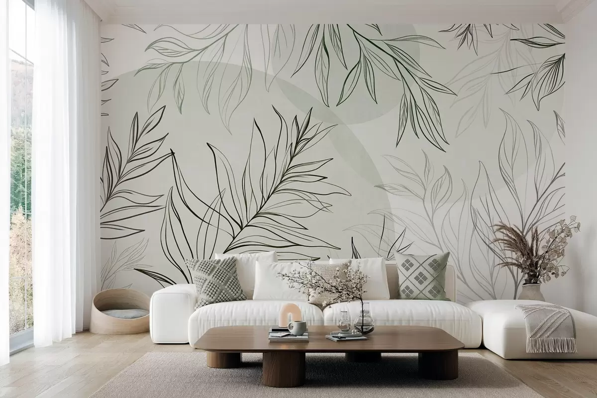 zidne murale Minimalistička linijska umjetnost tropskog lišća i raslinja, pastelni kružni oblici w10111v2
