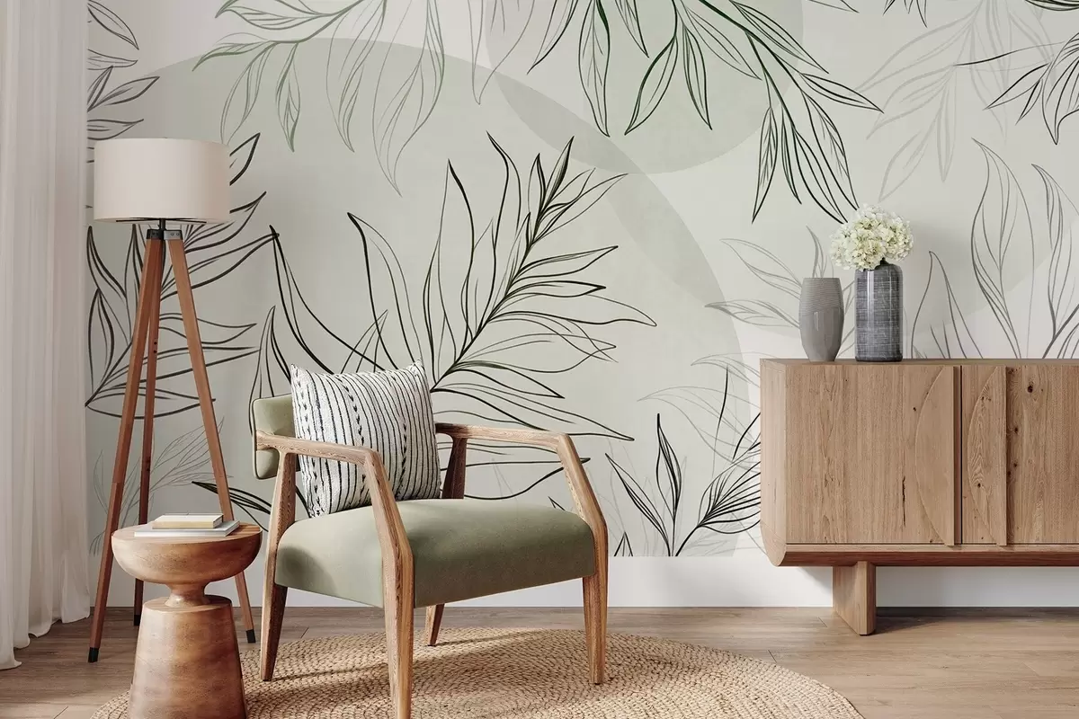 zidne murale Minimalistička linijska umjetnost tropskog lišća i raslinja, pastelni kružni oblici w10111v2