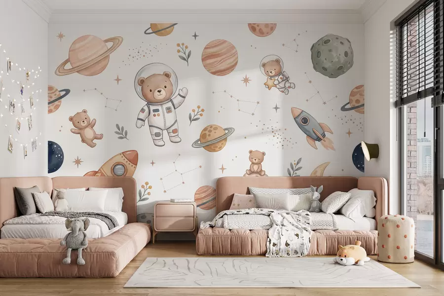 zidne murale Slatki medvjedići astronauti među planetima, raketama i zvijezdama u mekom pastelnom akvarelnom stilu w10096