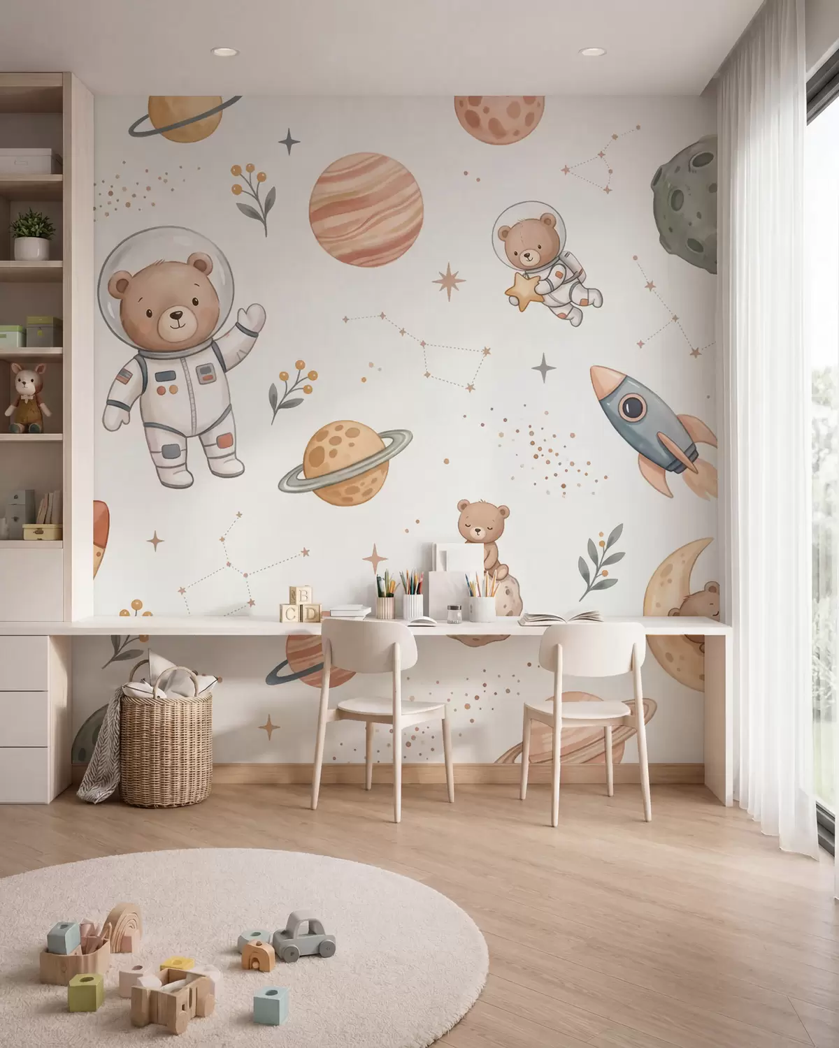 zidne murale Slatki medvjedići astronauti među planetima, raketama i zvijezdama u mekom pastelnom akvarelnom stilu w10096