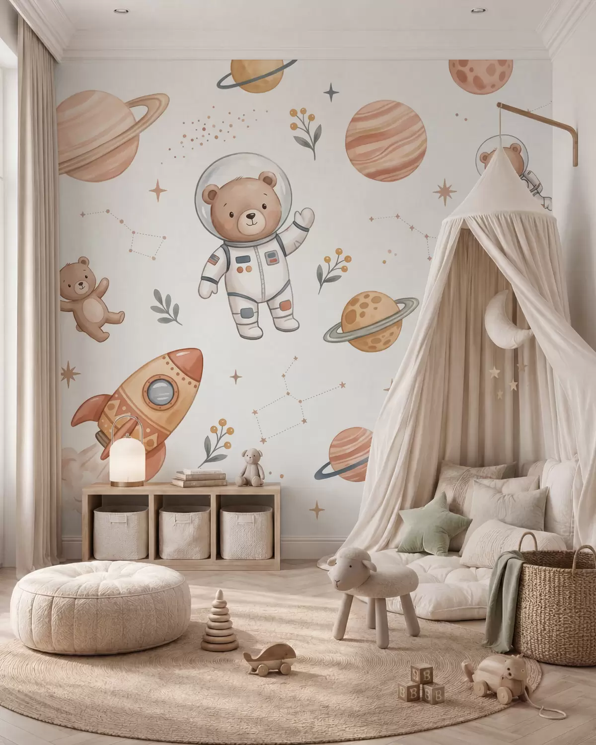 zidne murale Slatki medvjedići astronauti među planetima, raketama i zvijezdama u mekom pastelnom akvarelnom stilu w10096