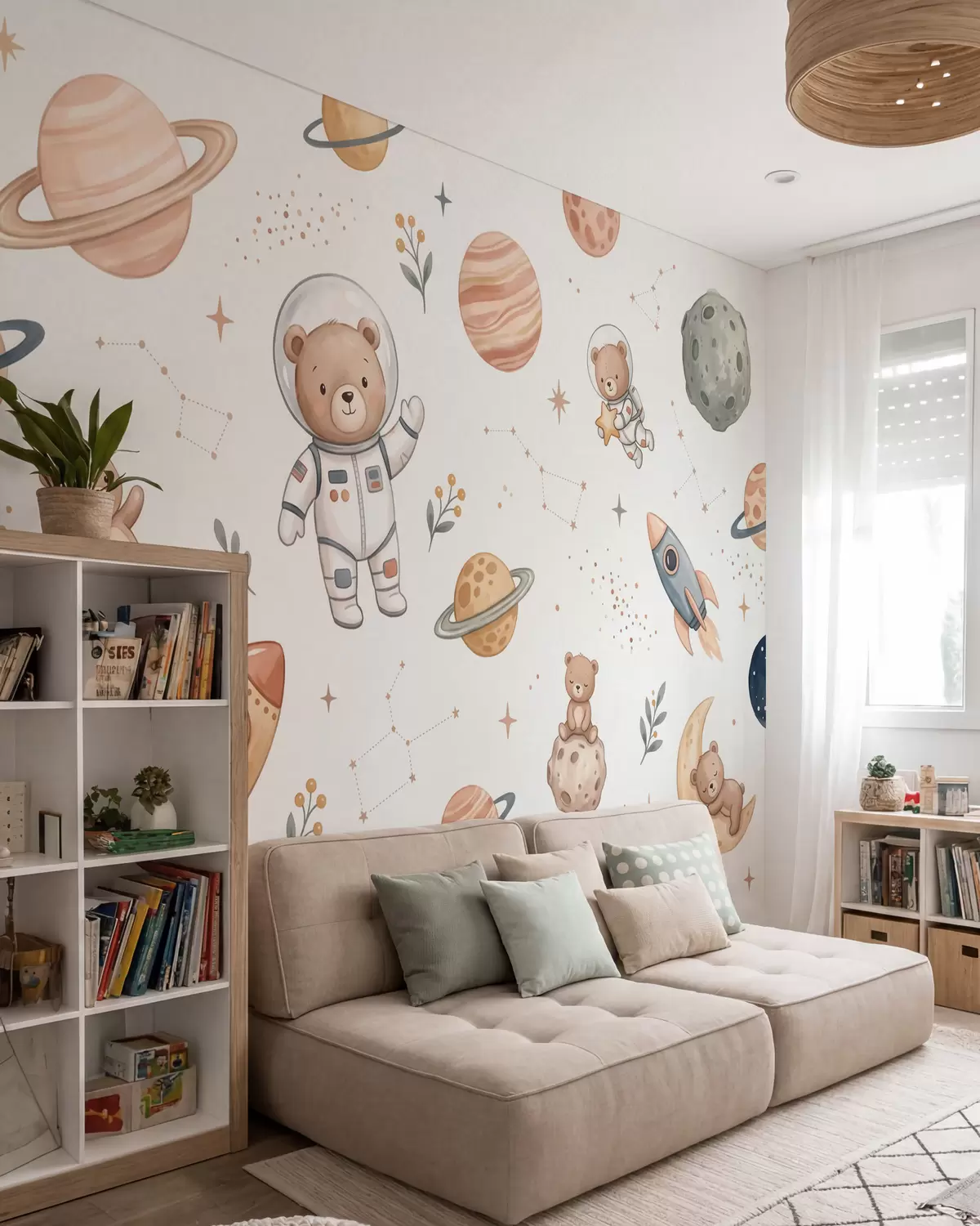 zidne murale Slatki medvjedići astronauti među planetima, raketama i zvijezdama u mekom pastelnom akvarelnom stilu w10096