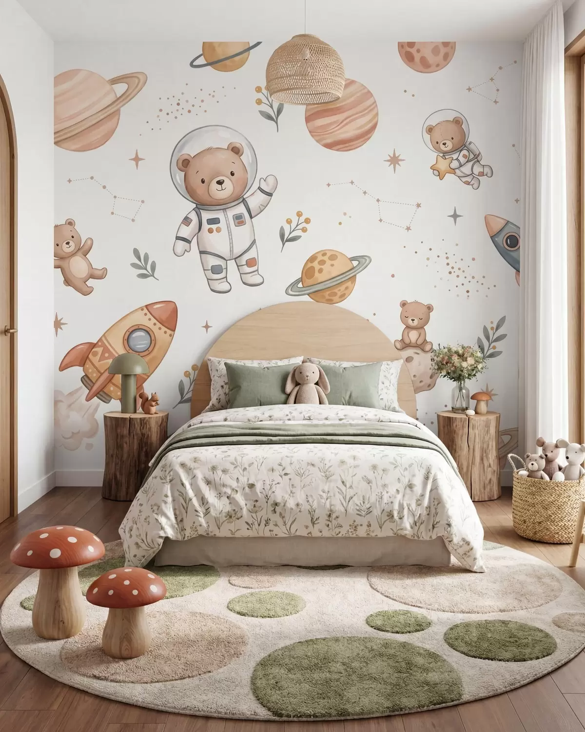 zidne murale Slatki medvjedići astronauti među planetima, raketama i zvijezdama u mekom pastelnom akvarelnom stilu w10096