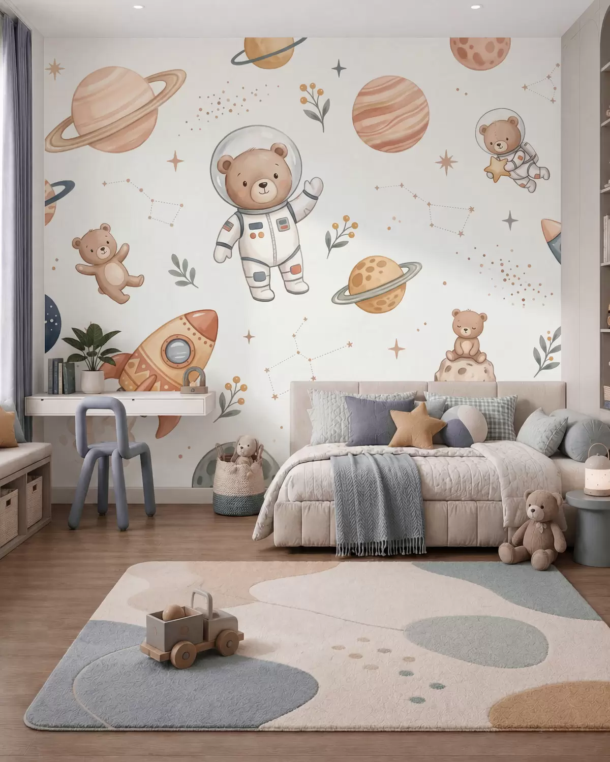 zidne murale Slatki medvjedići astronauti među planetima, raketama i zvijezdama u mekom pastelnom akvarelnom stilu w10096