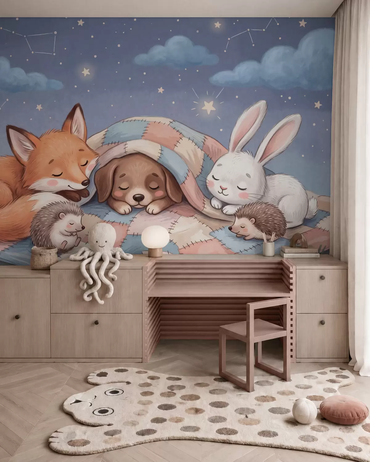 zidne murale Hirovite šumske životinje spavaju pod zvjezdanim nebom na ugodnoj patchwork deki u šarmantnoj ilustraciji akvarela w10098