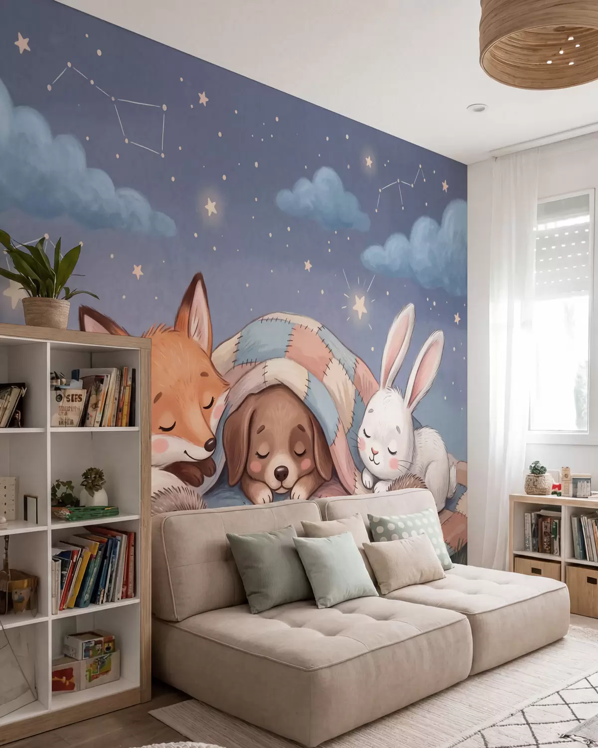 zidne murale Hirovite šumske životinje spavaju pod zvjezdanim nebom na ugodnoj patchwork deki u šarmantnoj ilustraciji akvarela w10098