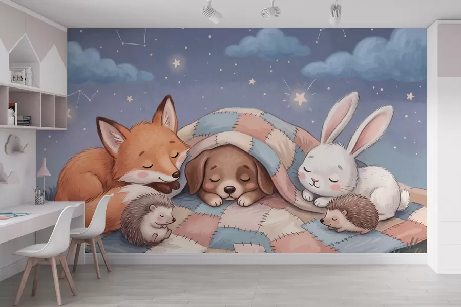 zidne murale Hirovite šumske životinje spavaju pod zvjezdanim nebom na ugodnoj patchwork deki u šarmantnoj ilustraciji akvarela w10098