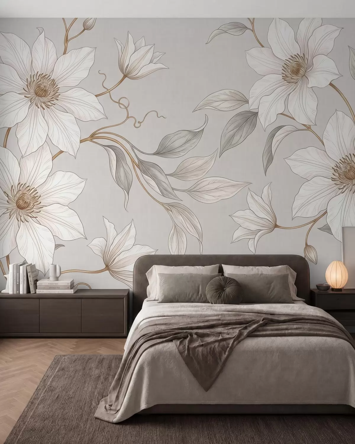 zidne murale Elegantno bijelo botaničko cvijeće s nježnim grančicama w10099
