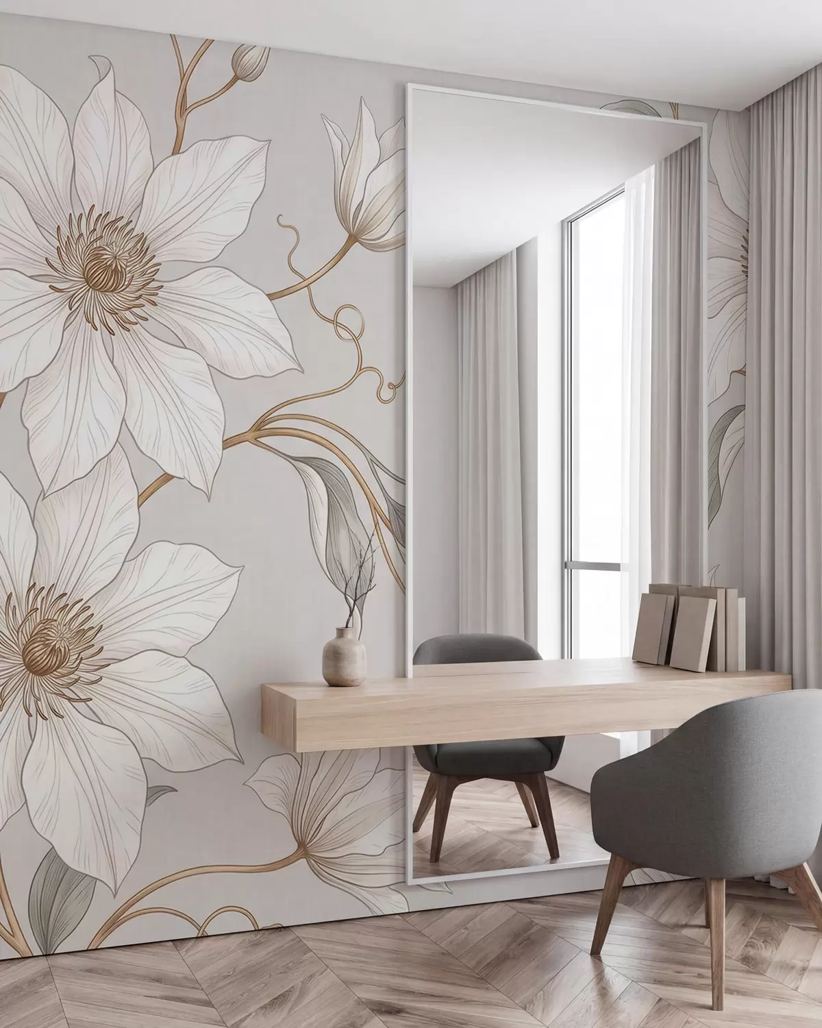 zidne murale Elegantno bijelo botaničko cvijeće s nježnim grančicama w10099