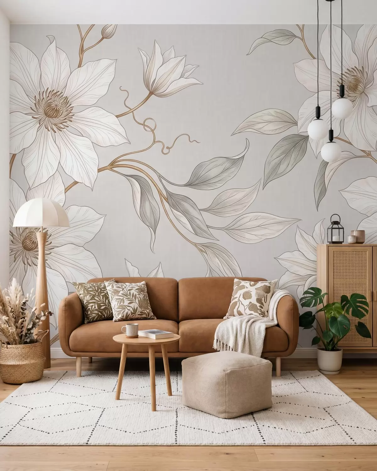 zidne murale Elegantno bijelo botaničko cvijeće s nježnim grančicama w10099