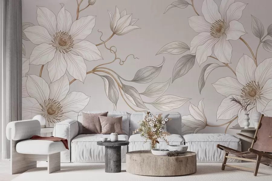 zidne murale Elegantno bijelo botaničko cvijeće s nježnim grančicama w10099