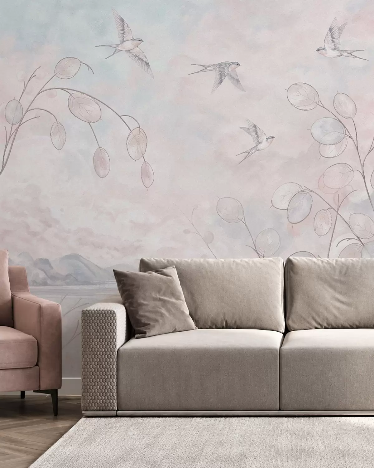 zidne murale Lastavice i nježne biljke u pastelnim nijansama w05892v1