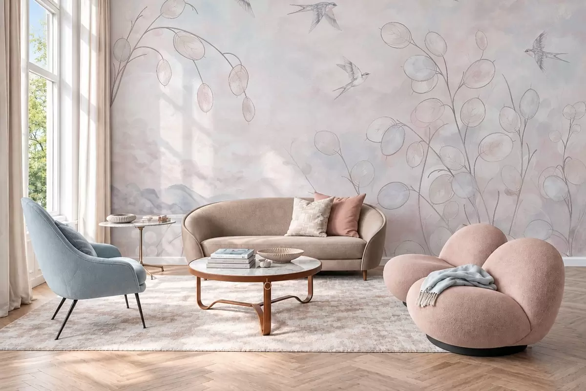 zidne murale Lastavice i nježne biljke u pastelnim nijansama w05892v1