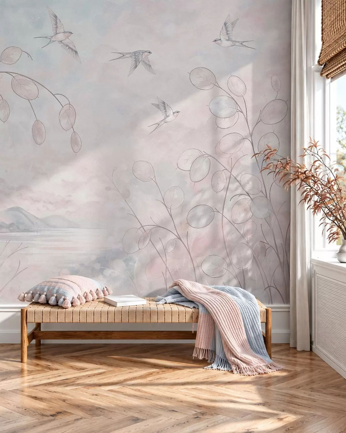 zidne murale Lastavice i nježne biljke u pastelnim nijansama w05892v1