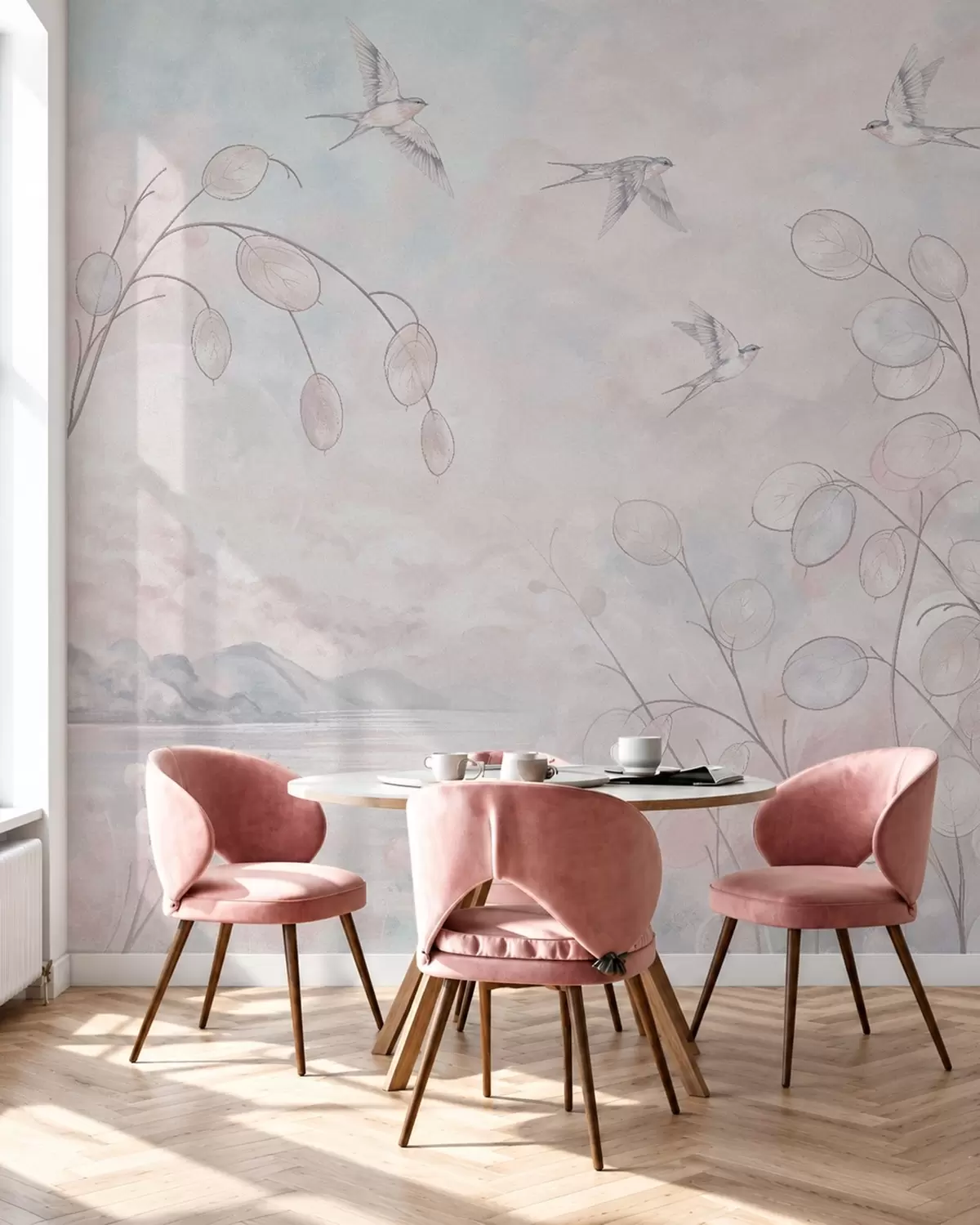 zidne murale Lastavice i nježne biljke u pastelnim nijansama w05892v1