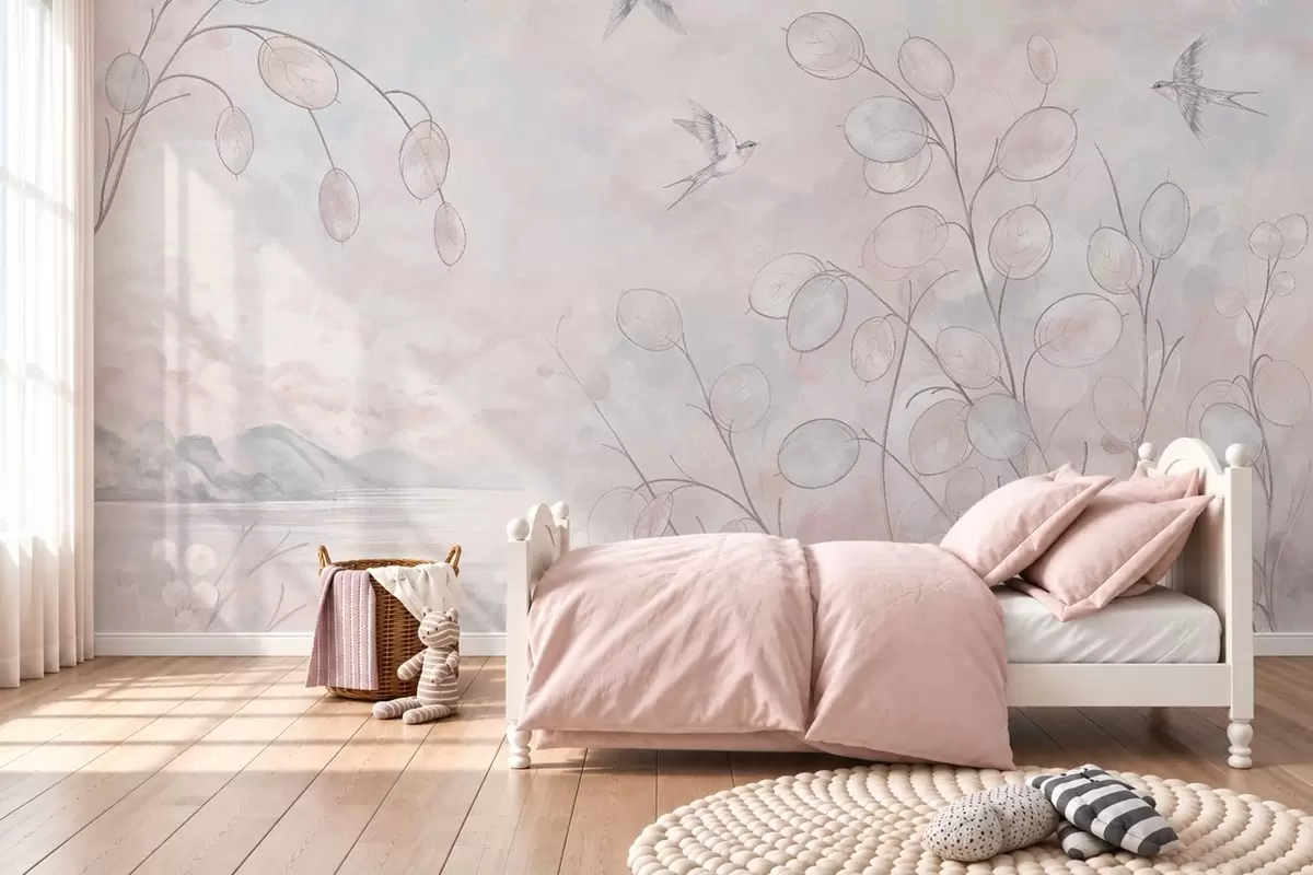 zidne murale Lastavice i nježne biljke u pastelnim nijansama w05892v1