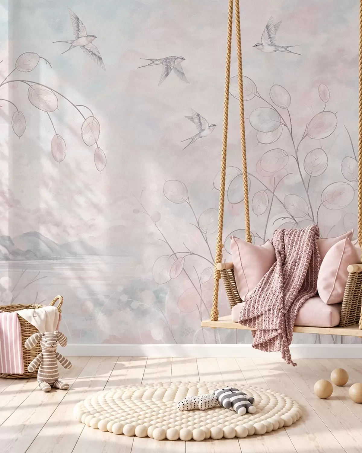 zidne murale Lastavice i nježne biljke u pastelnim nijansama w05892v1
