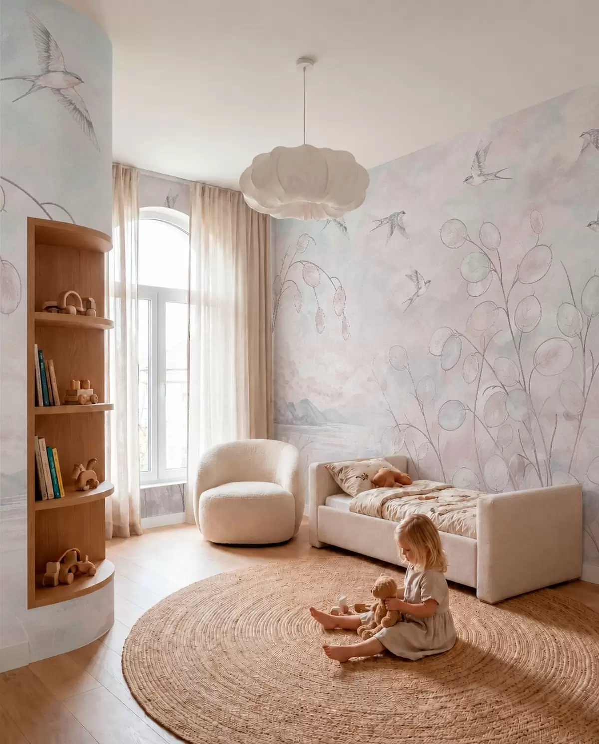zidne murale Lastavice i nježne biljke u pastelnim nijansama w05892v1