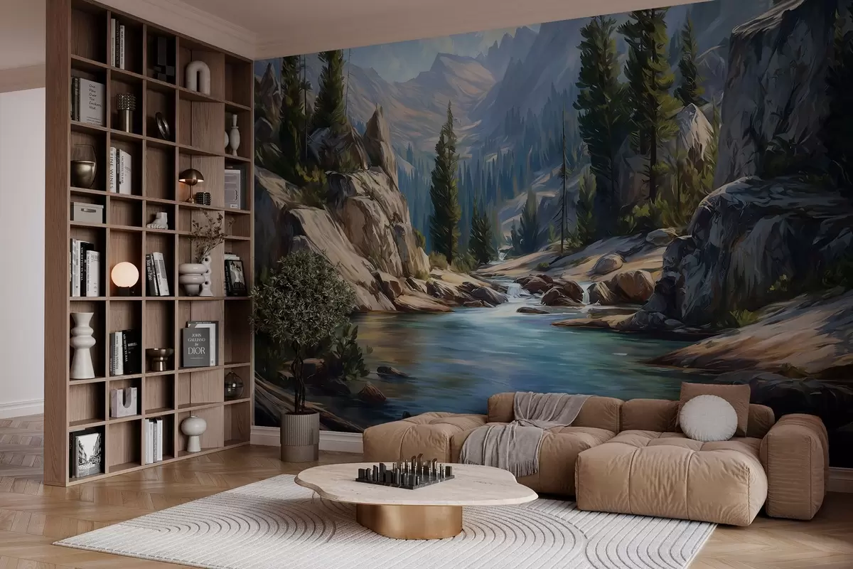 zidne murale Slikovit pogled na rijeku smještenu među mirnim planinama w05868
