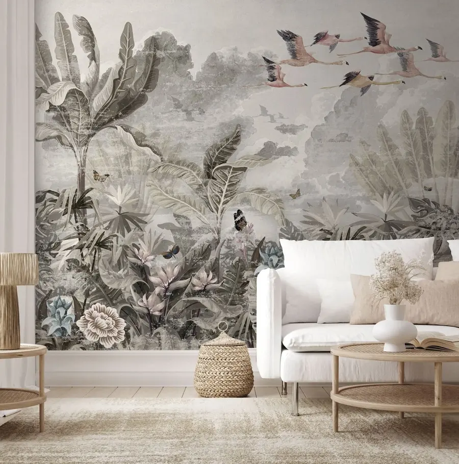 zidne murale Flamingosi lete iznad džungle u73561