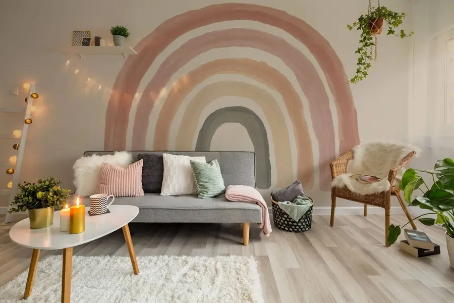 zidne murale tapeta u boho stilu: koraljna breskva, ružičasta duga. Pastel Rainbow Wall Pink u93566