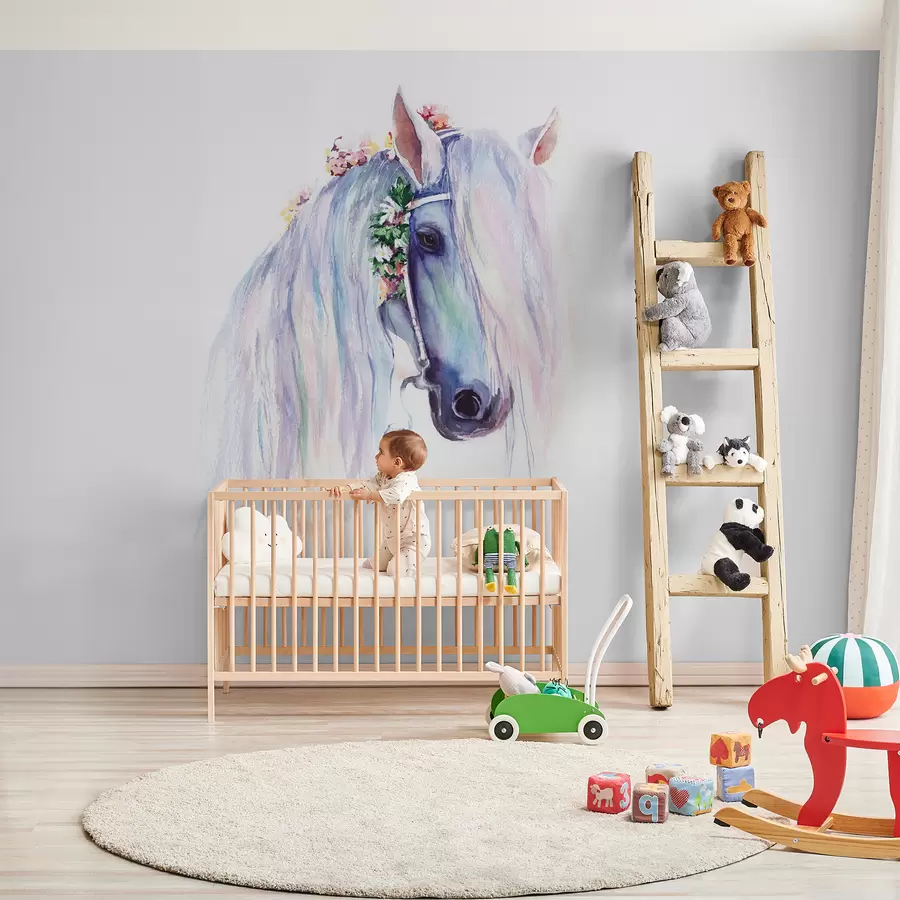 zidne murale Plavi konj s cvijećem u grivi u93591