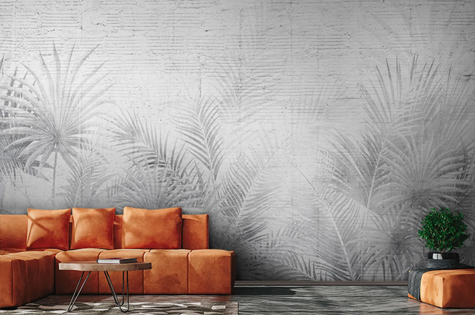 zidne murale Crno-bijeli grunge zid s tropskim lišćem u74401