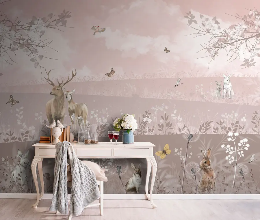 zidne murale Sanjivi ružičasti svijet s jelenima u94165