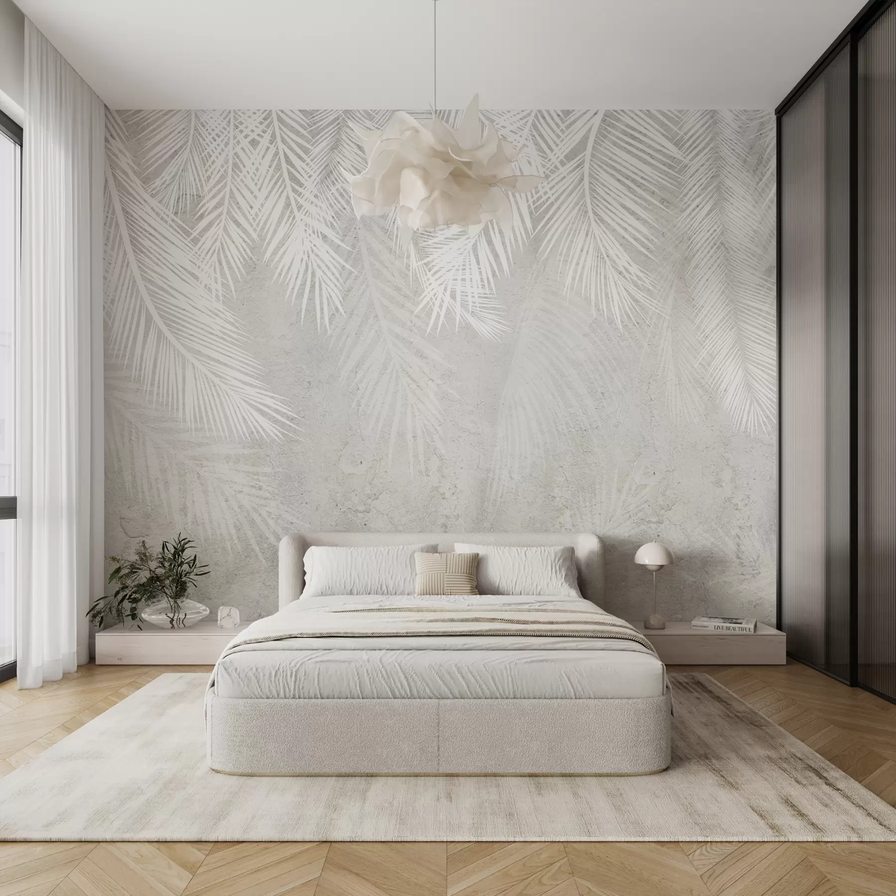 zidne murale Bijelo krhko lišće palme s grunge teksturom u94286