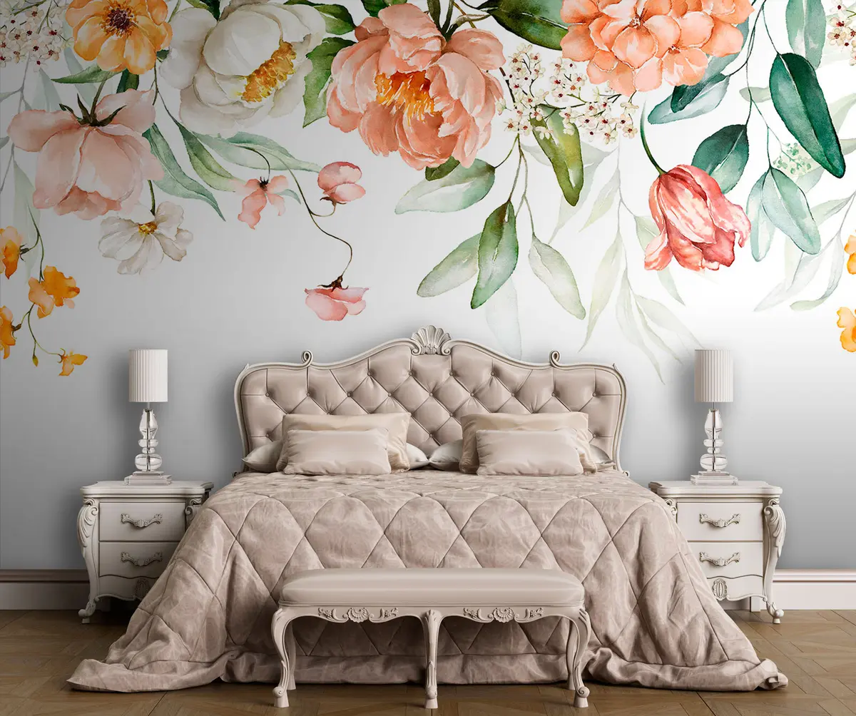 zidne murale Obrub buketa - zeleno lišće i rumeno ružičasto cvijeće na bijeloj pozadini u94427